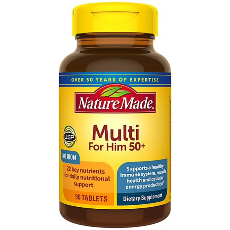 Nature Made Multi For Him 50+ dietary supplement bottle on a white background