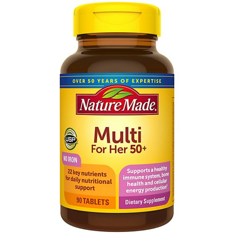 Nature Made Multi For Her 50+ dietary supplement bottle on a white background