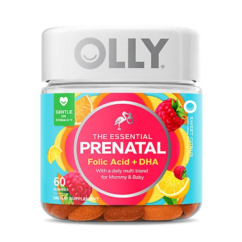 OLLY prenatal supplement gummies jar with colorful label on a white background