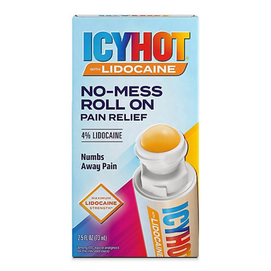 ICY HOT with Lidocaine no-mess roll on pain relief packaging on a white background