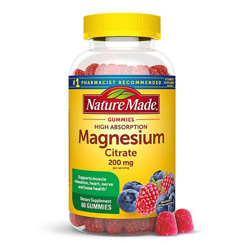 Nature Made Magnesium Citrate gummy supplement bottle with yellow cap on a white background