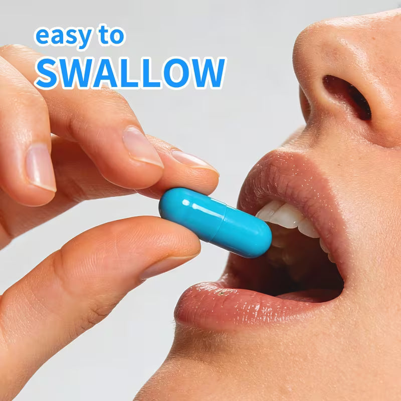 Person holding a blue capsule close to their mouth with 'easy to SWALLOW' text above.