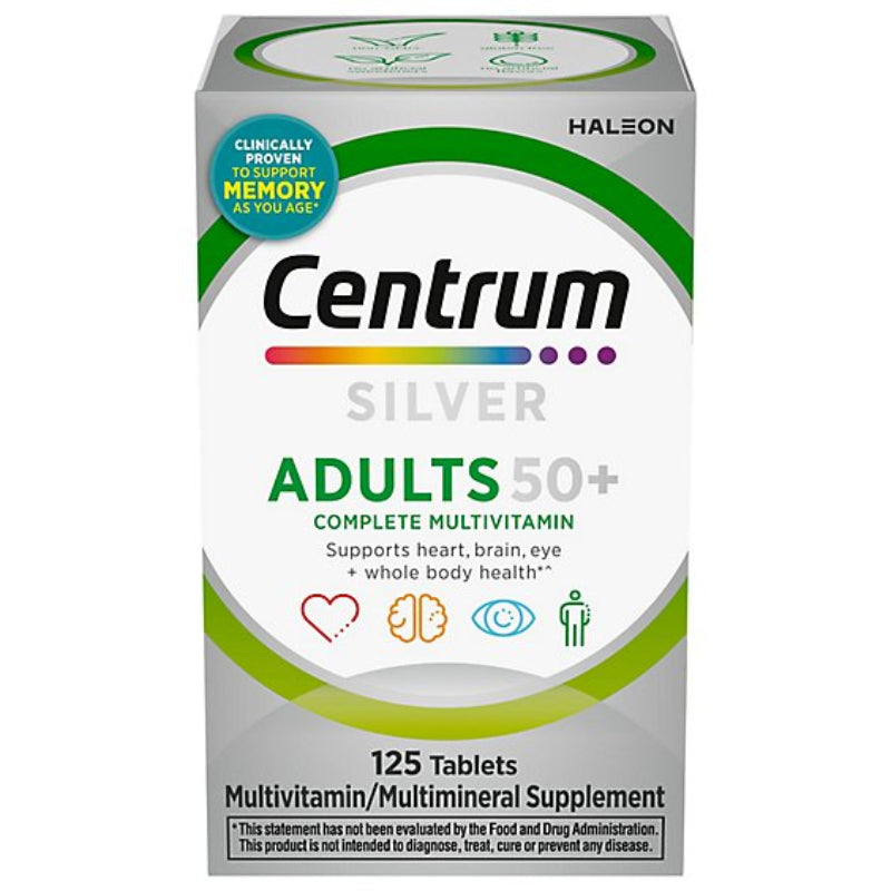 Centrum Silver Adults 50+ multivitamin supplement box on a white background