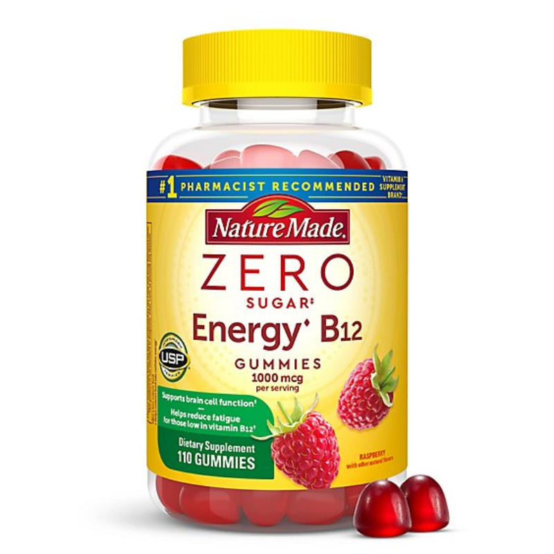 Nature Made Zero Sugar Energy B12 gummies bottle with yellow cap on a white background