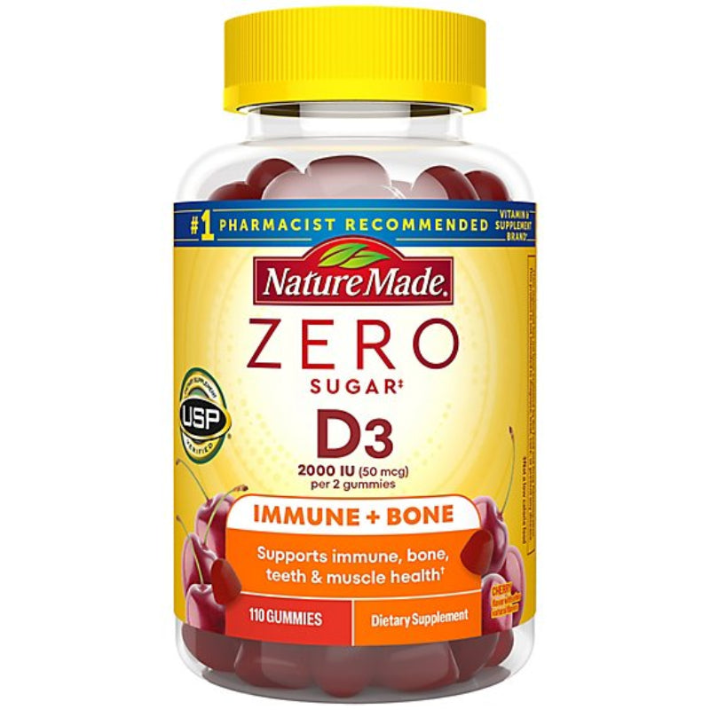 Nature Made Zero Sugar D3 gummy supplement bottle on a white background