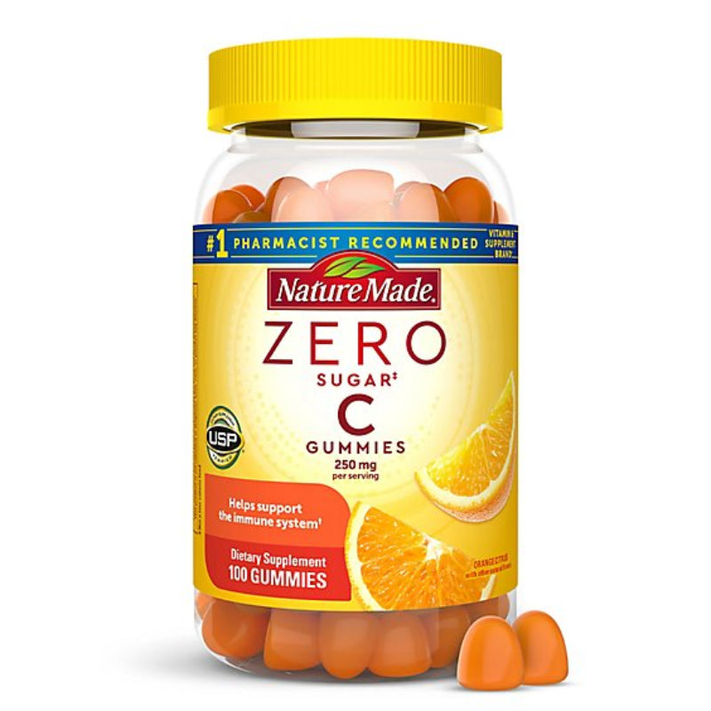 Nature Made Zero Sugar C Gummies bottle with yellow lid and orange gummies on a white background