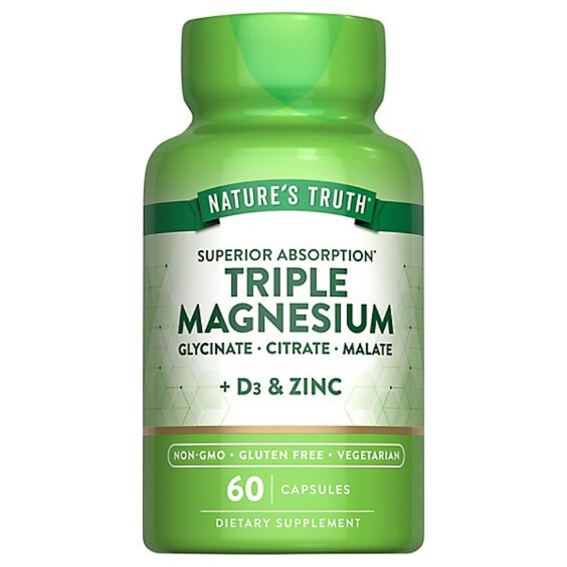 Green supplement bottle labeled 'Nature's Truth Triple Magnesium' on a white background