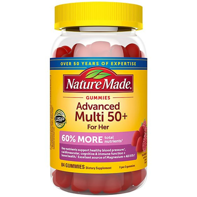 Nature Made Advanced Multi 50+ for Her gummy supplement bottle on a white background