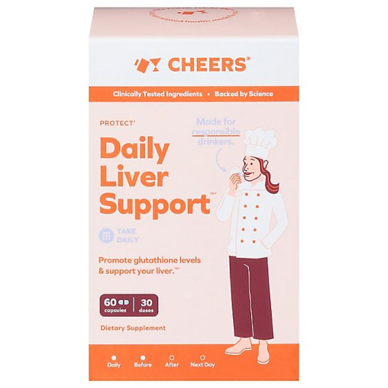 Box of Cheers Daily Liver Support dietary supplement with a person illustration on a white background