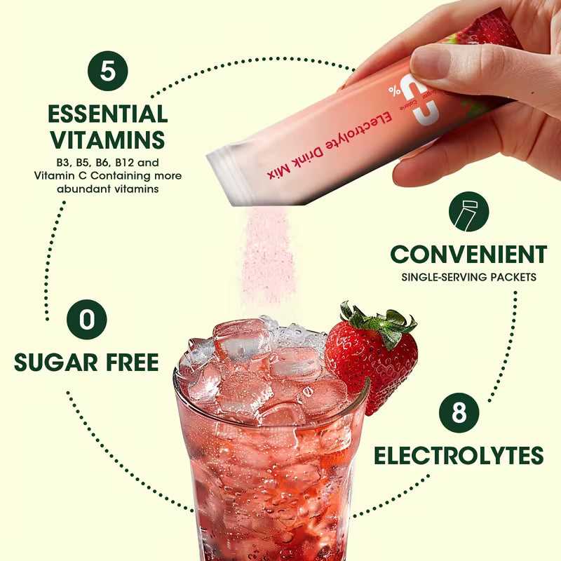 Hand pouring a vitamin drink mix into a glass with ice and a strawberry, surrounded by text highlighting features of the product.