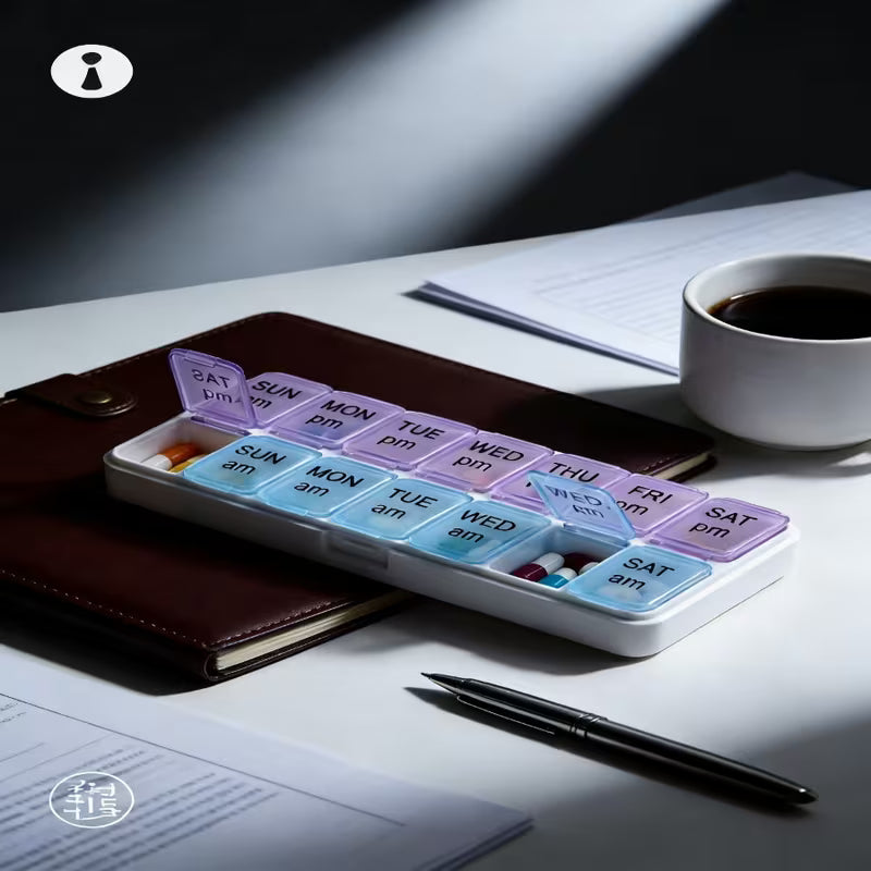 Weekly pill organizer on a desk with a cup of coffee, pen, and notebook.