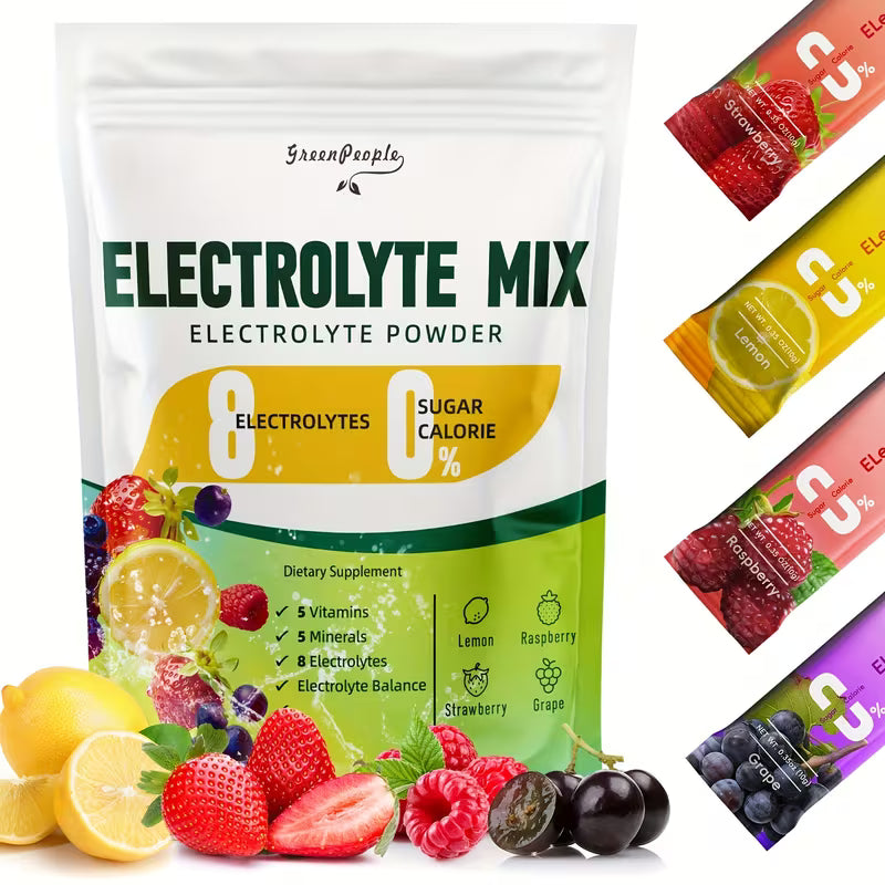 Electrolyte mix packaging with fruit illustrations and additional packets in the background.