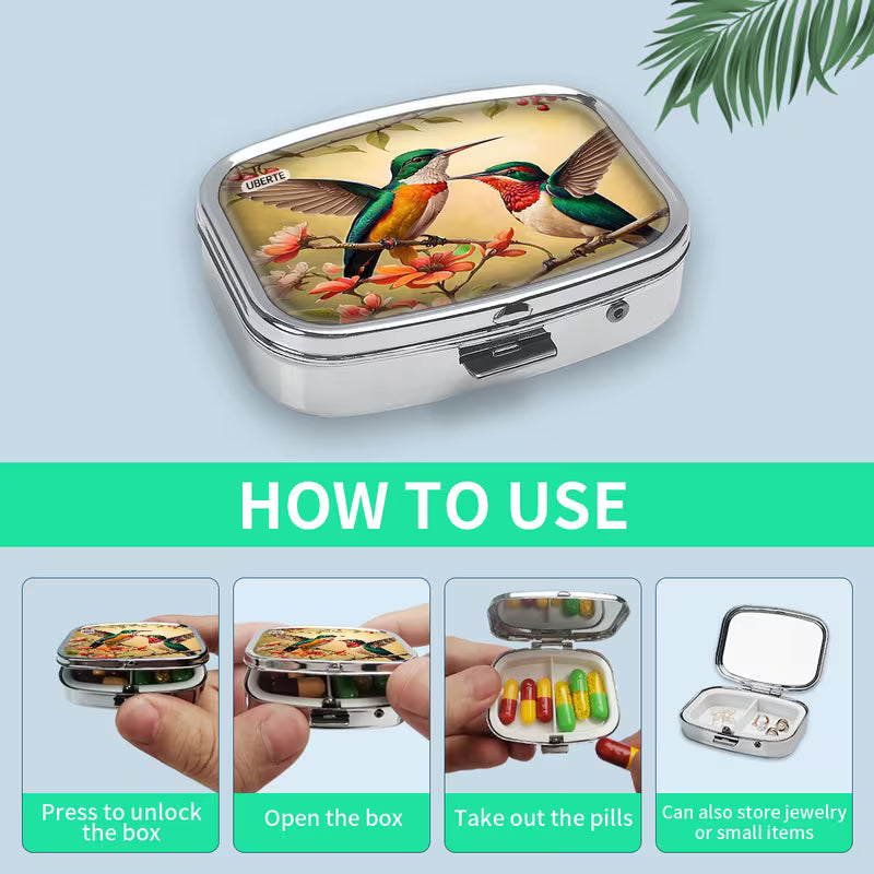 4pcs Flower & Hummingbird Metal Pill Box, Double Compartment Peaceful Pleasures