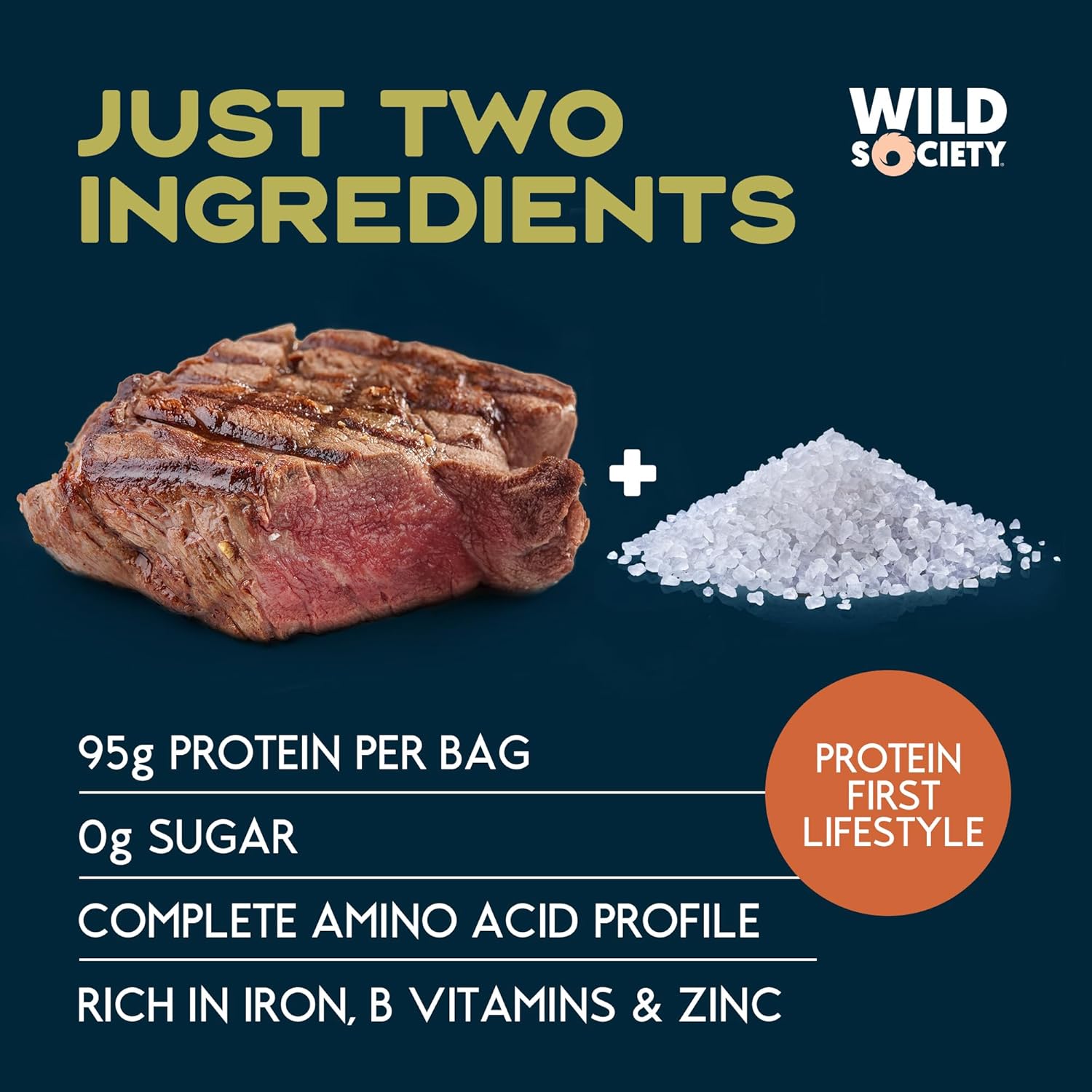 Advertisement for Wild Society protein product with beef and salt on a dark background