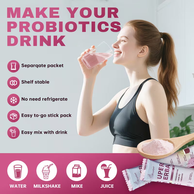 Woman drinking a probiotic drink with product packaging and text on a pink background