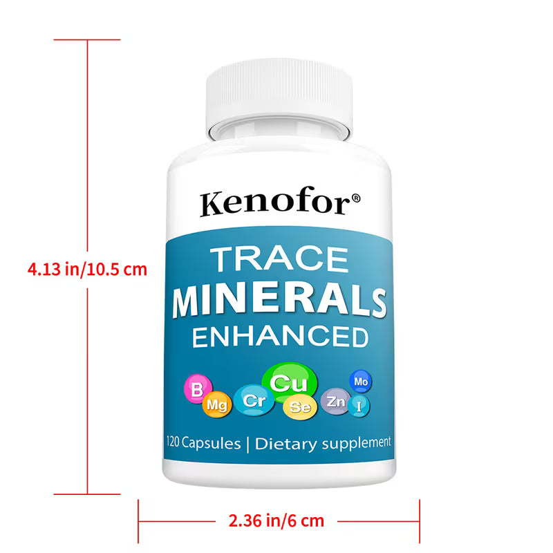 Kenofor trace minerals enhanced supplement bottle with measurements on a white background