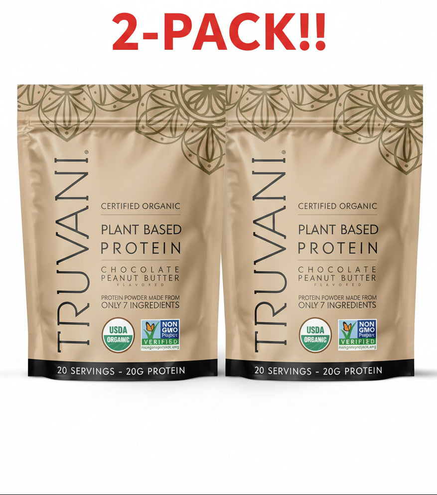 Two packages of Truvani certified organic plant-based protein powder on a white background with '2-Pack!!' text above.