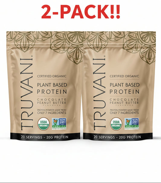 Two packages of Truvani certified organic plant-based protein powder on a white background with '2-Pack!!' text above.