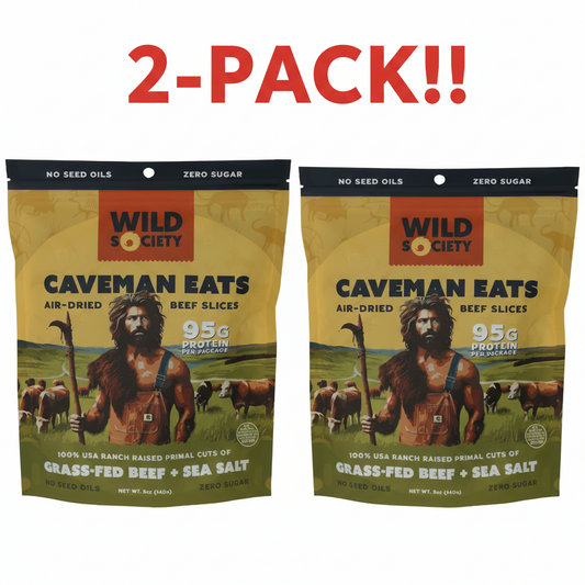 Two packages of Wild Society Caveman Eats beef slices on a white background with '2-Pack!' text.