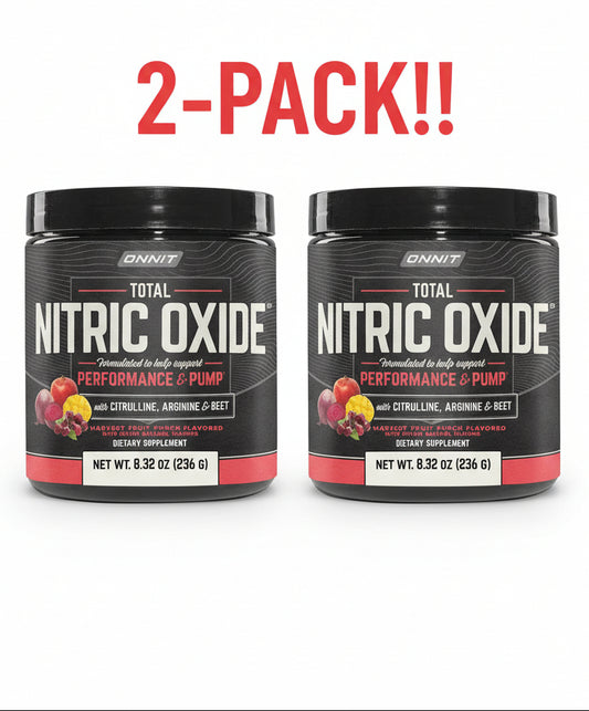 Two tubs of ONNIT Total Nitric Oxide Powder supplement, Harvest Fruit Punch flavor, 20 servings each (40 servings total).