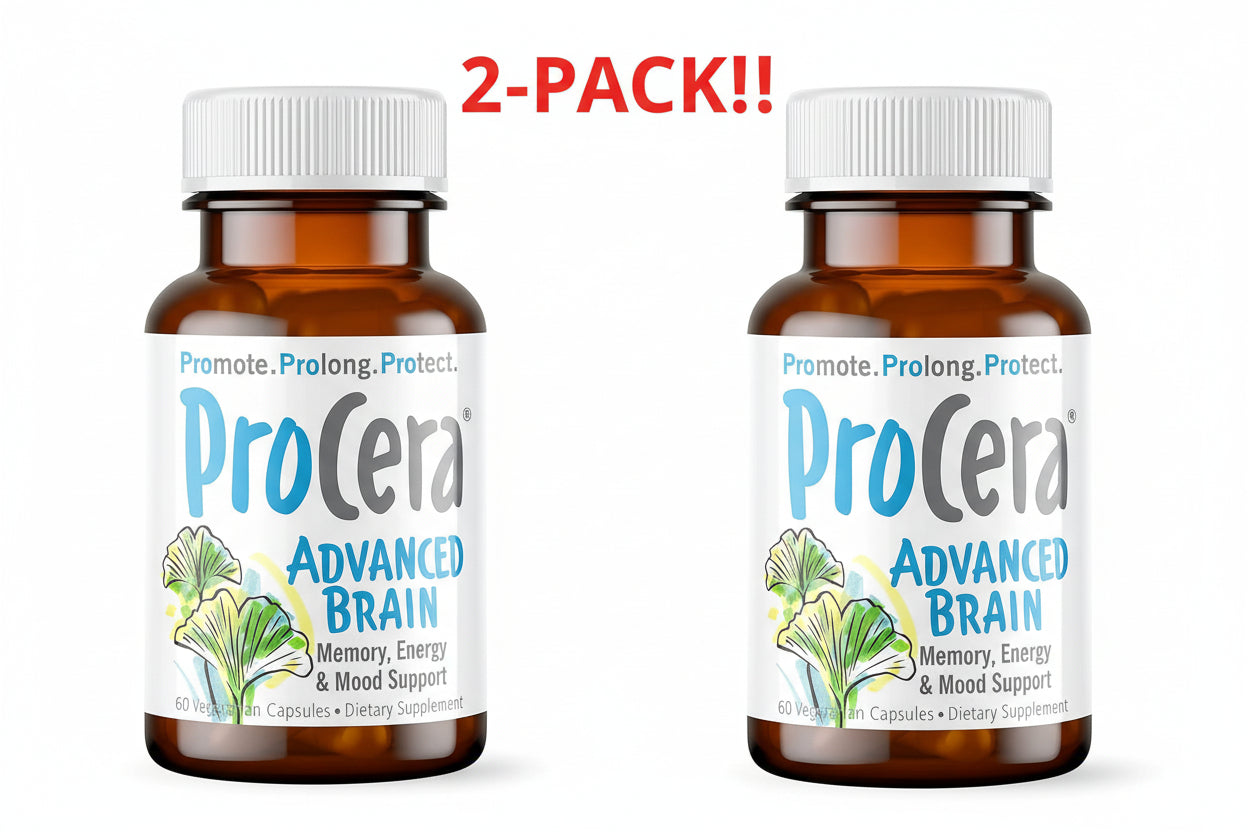 Two bottles of ProCera Advanced Brain supplement with a '2-Pack!' label on a white background.