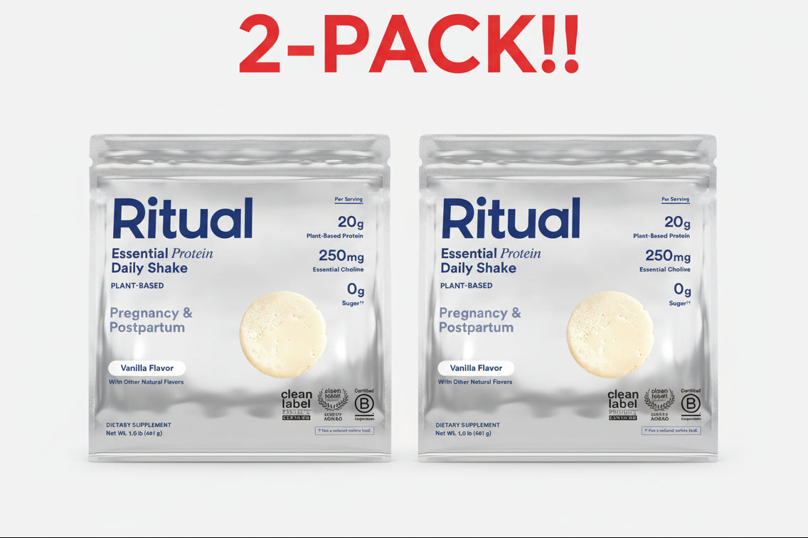 Two packages of Ritual Essential Protein Daily Shake on a white background with red text indicating a 2-pack offer.