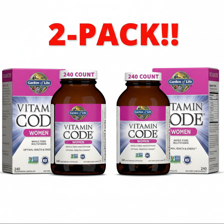 Two bottles and two boxes of Garden of Life Vitamin Code Women multivitamins with a '2-Pack!' label.
