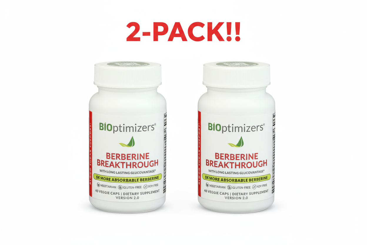 Two bottles of BioOptimizers Berberine Breakthrough on a white background with '2-Pack!' text.