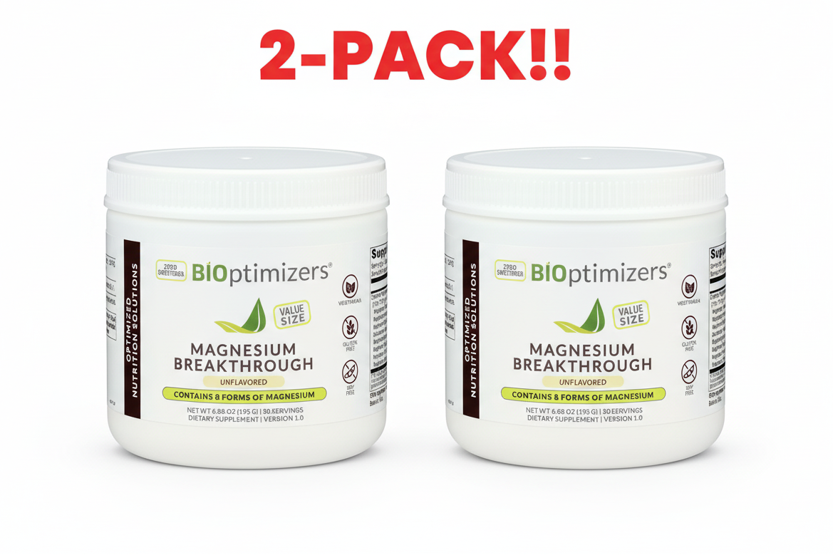 Two containers of BioOptimizers Magnesium Breakthrough on a white background with '2-Pack!' text.