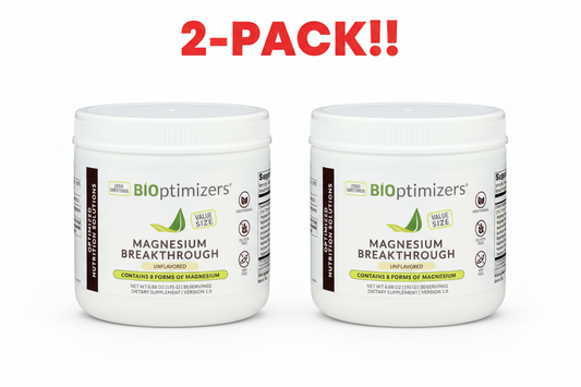 Two containers of BioOptimizers Magnesium Breakthrough on a white background with '2-Pack!' text.