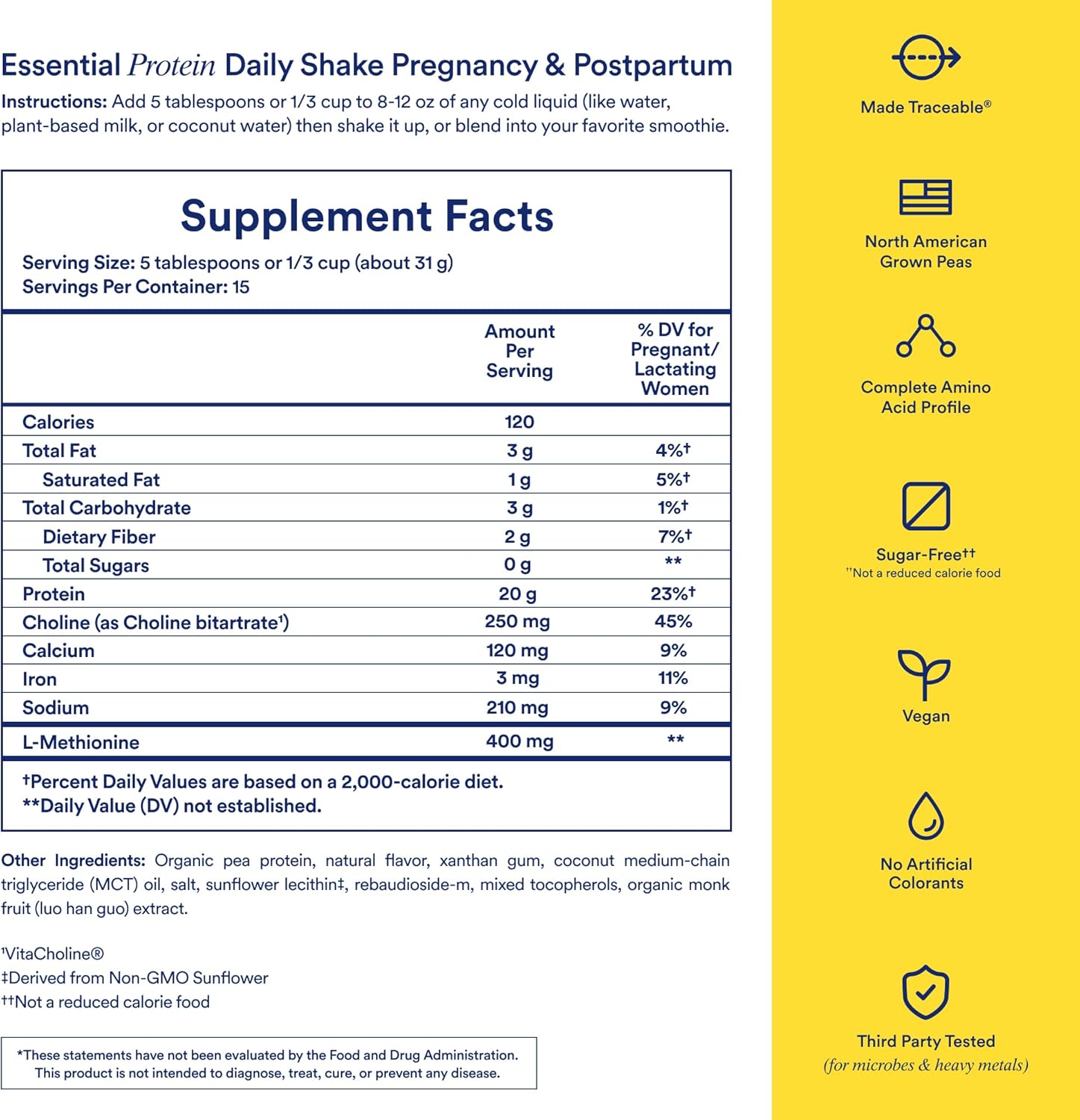 Supplement label for Essential Protein Daily Shake with pregnancy and postpartum benefits.