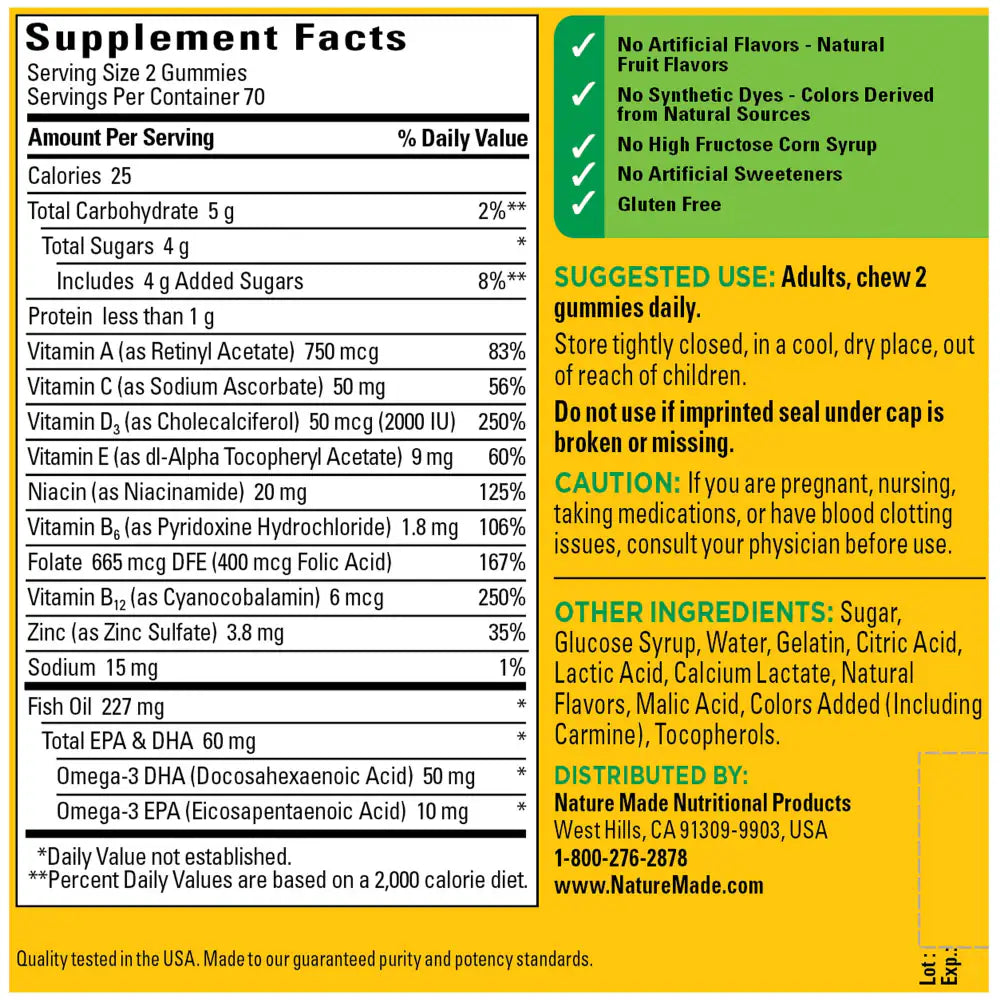Supplement facts label for Nature Made gummy vitamins with nutritional information and usage instructions.