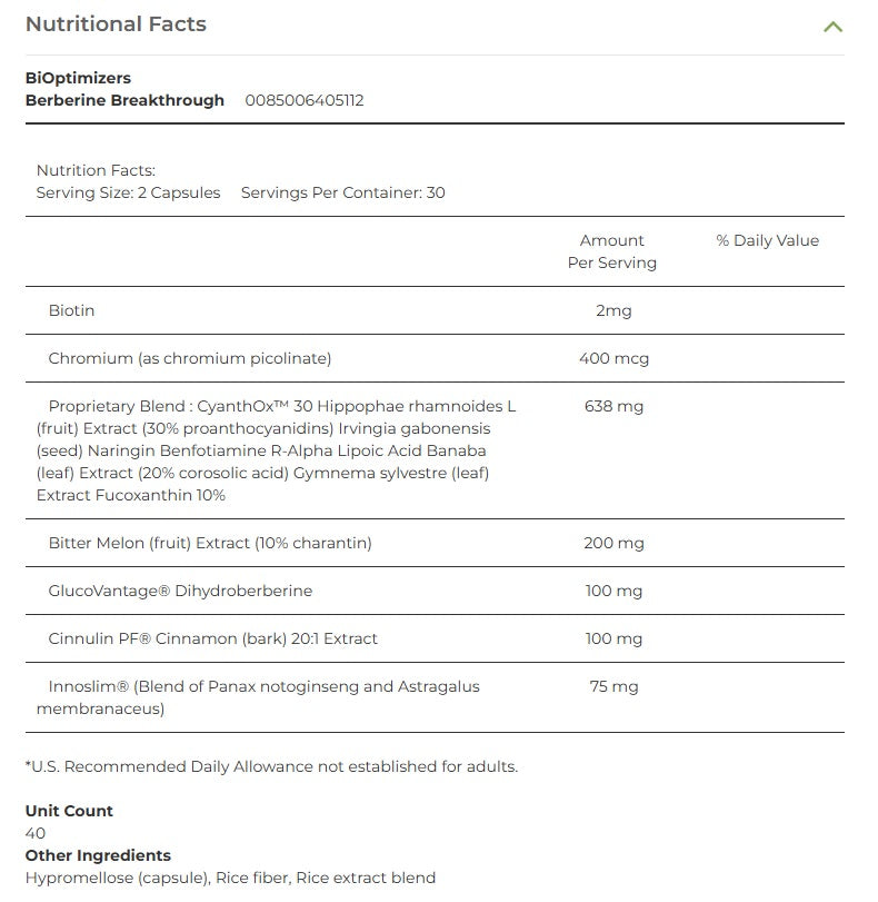 Nutritional facts label for a supplement product with various ingredients and their amounts.
