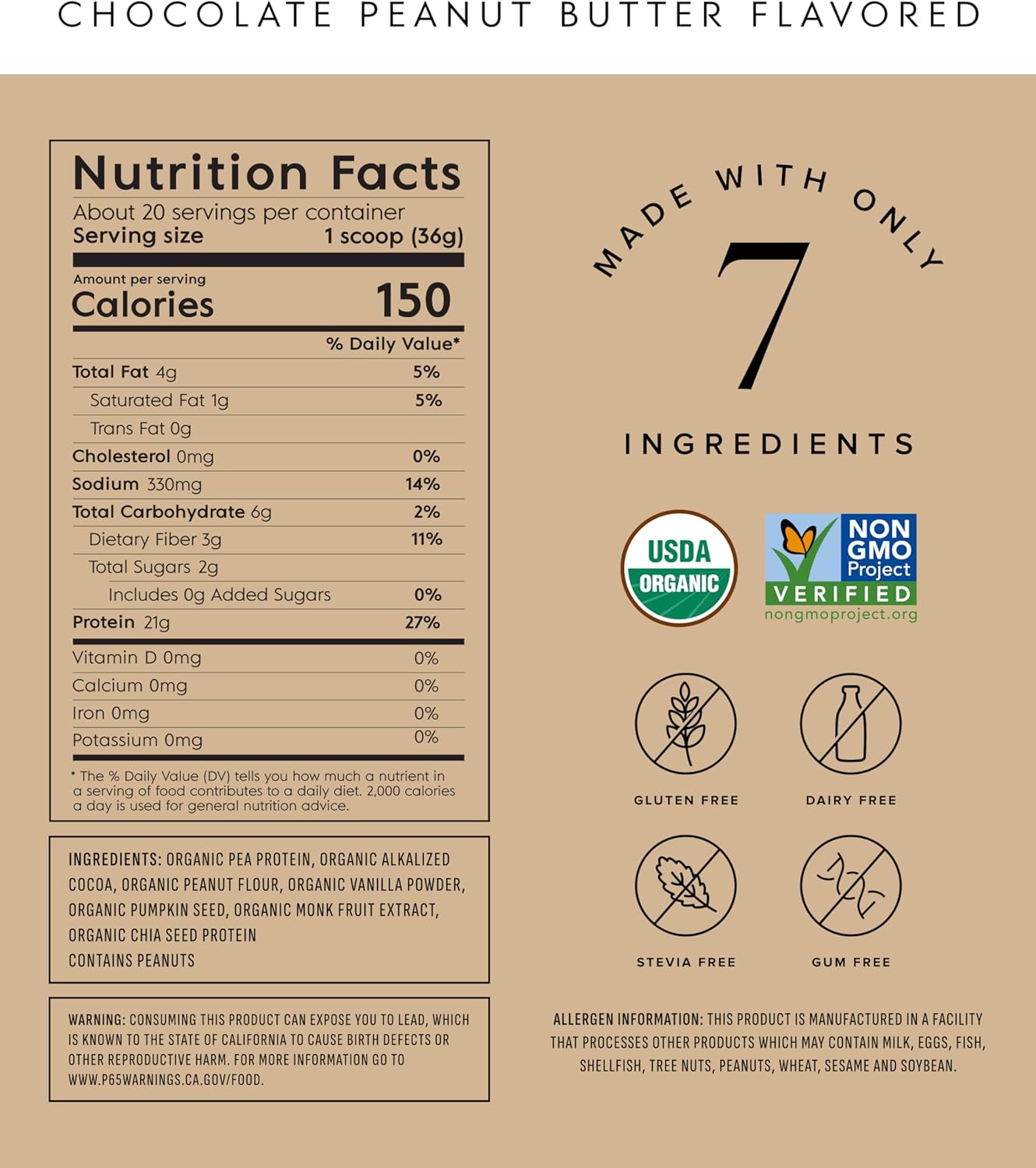 Nutrition facts label for a chocolate peanut butter flavored product on a brown background with certification logos.