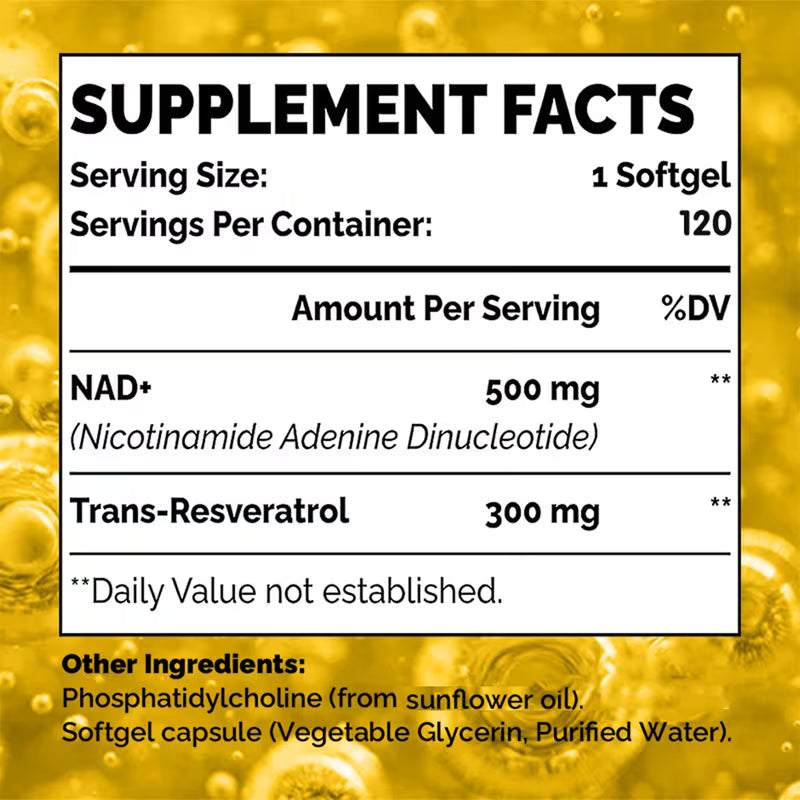 Supplement facts label with NAD+ and Trans-Resveratrol on a yellow background
