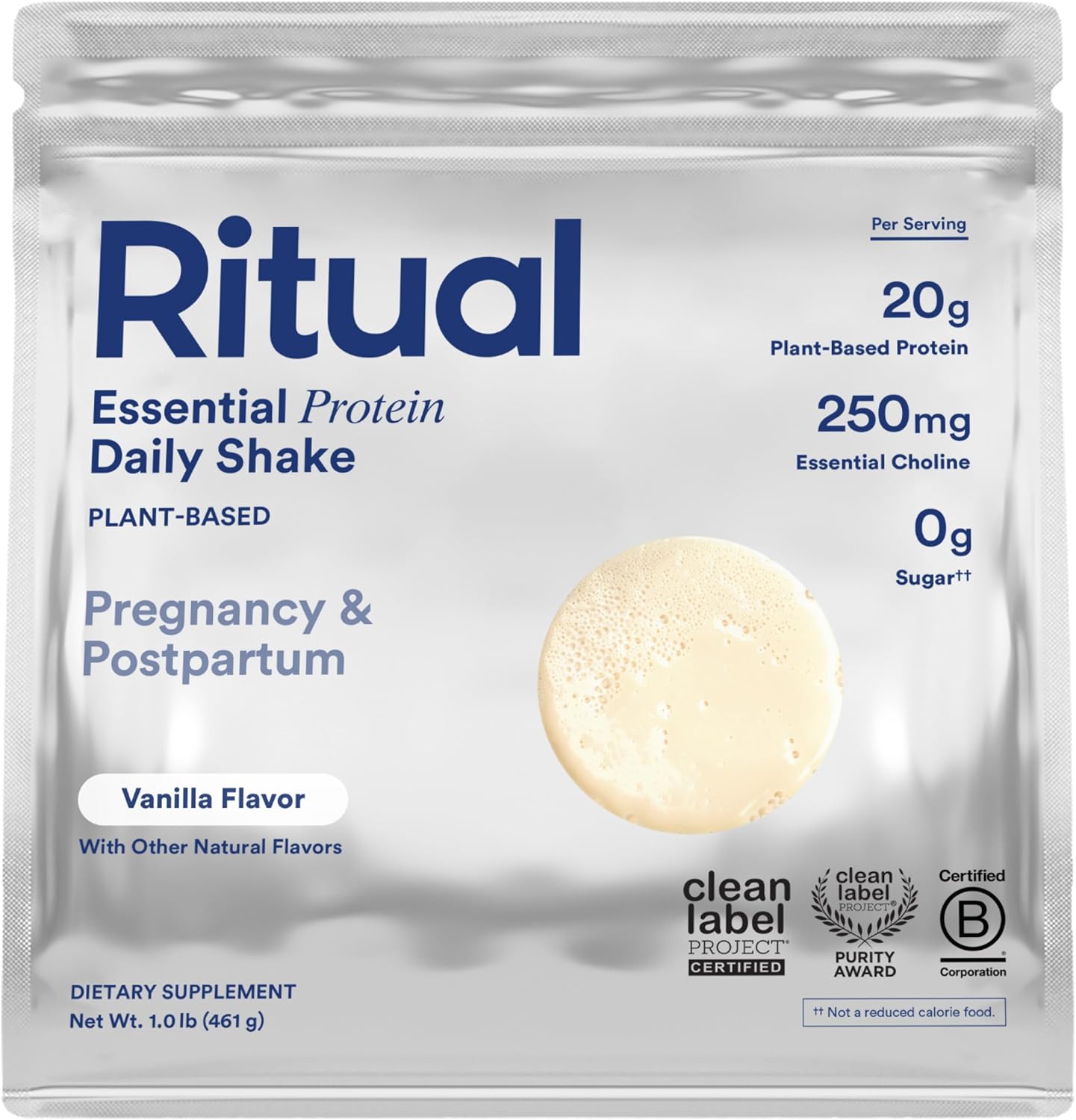 Ritual Essential Protein Daily Shake package for pregnancy and postpartum, vanilla flavor.