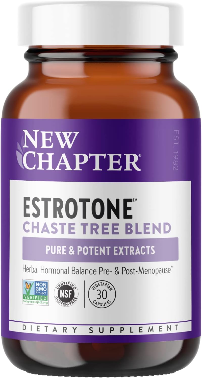 Supplement bottle labeled 'New Chapter Estrotone Chaste Tree Blend' on a white background