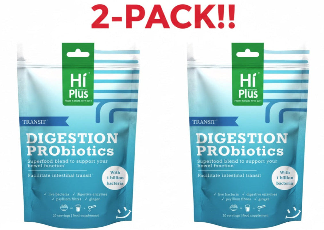 Two packages of Hi Plus Digestion Probiotics on a computer screen with editing tools visible.