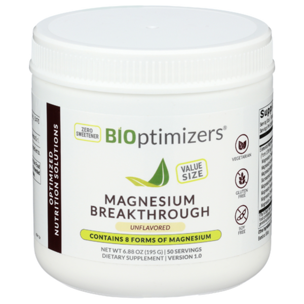 White container of Bioptimizers Magnesium Breakthrough supplement on a white background