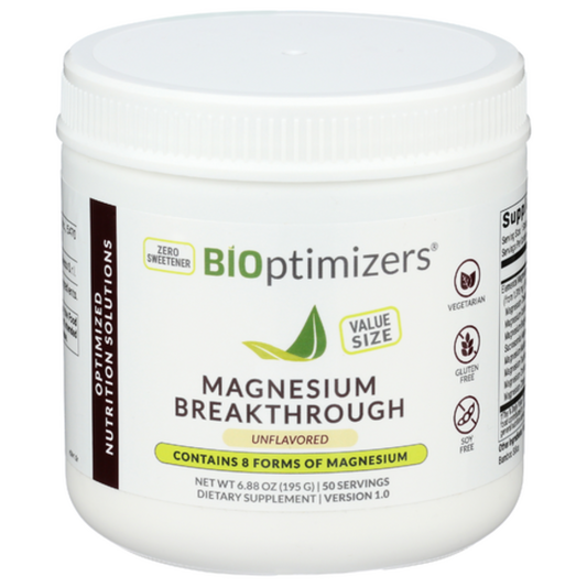 White container of Bioptimizers Magnesium Breakthrough supplement on a white background