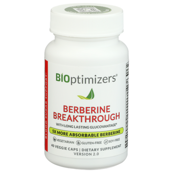 Supplement bottle labeled 'Berberine Breakthrough' by Bioptimizers on a white background