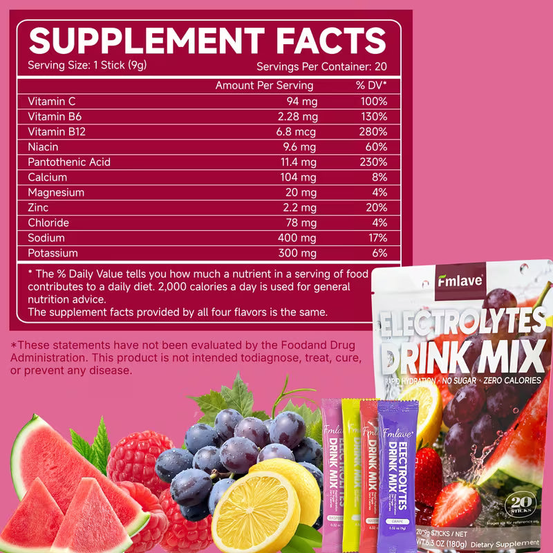 Supplement facts label with Fmlave electrolytes drink mix packaging and ingredients on a pink background