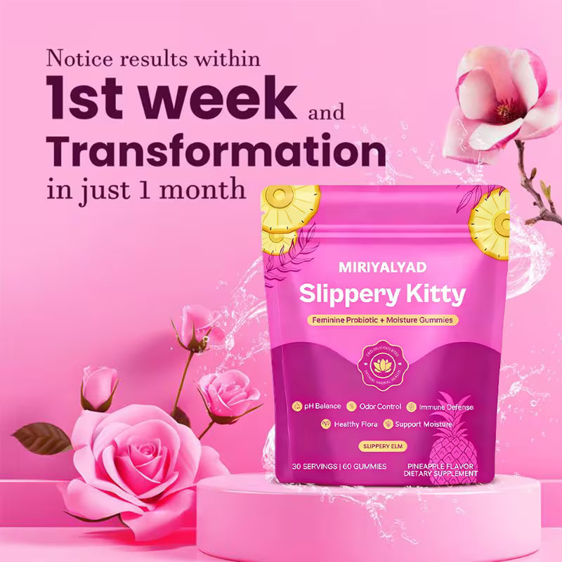 Miriyalyad Slippery Kitty product packaging on a pink background with floral elements.