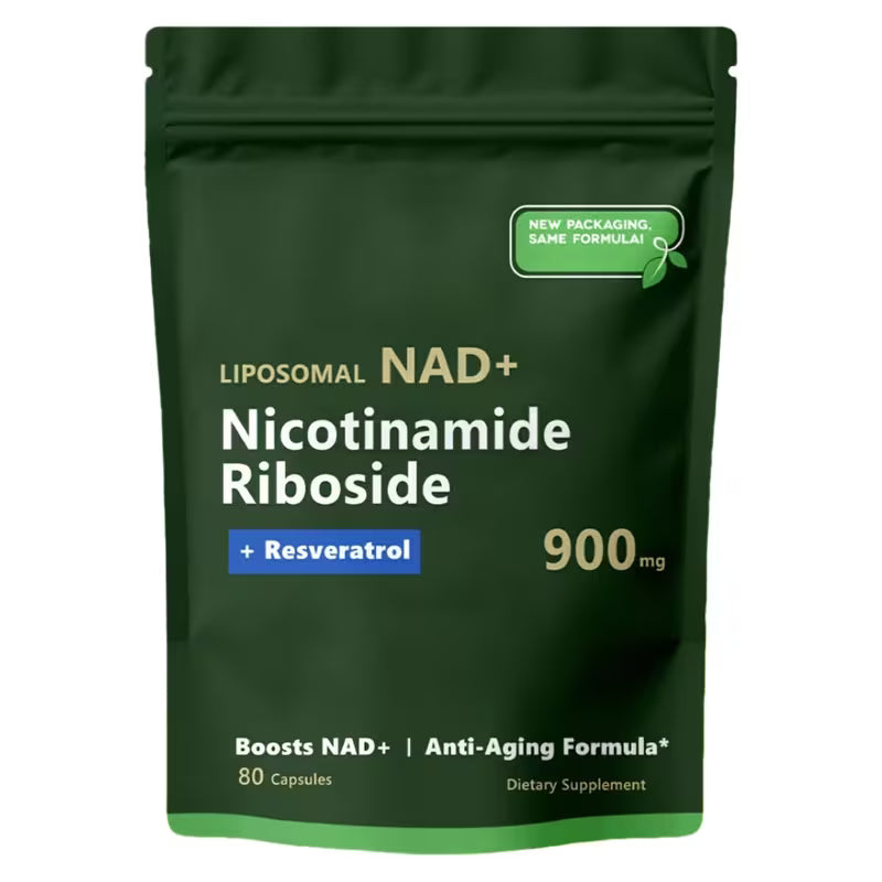 Liposomal NAD+ Booster supplement bottle, 80 capsules, with nicotinamide riboside and resveratrol formula