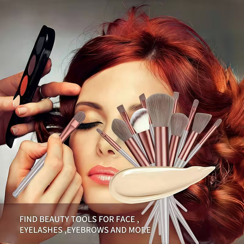 Woman with red hair getting makeup applied using various brushes and tools.