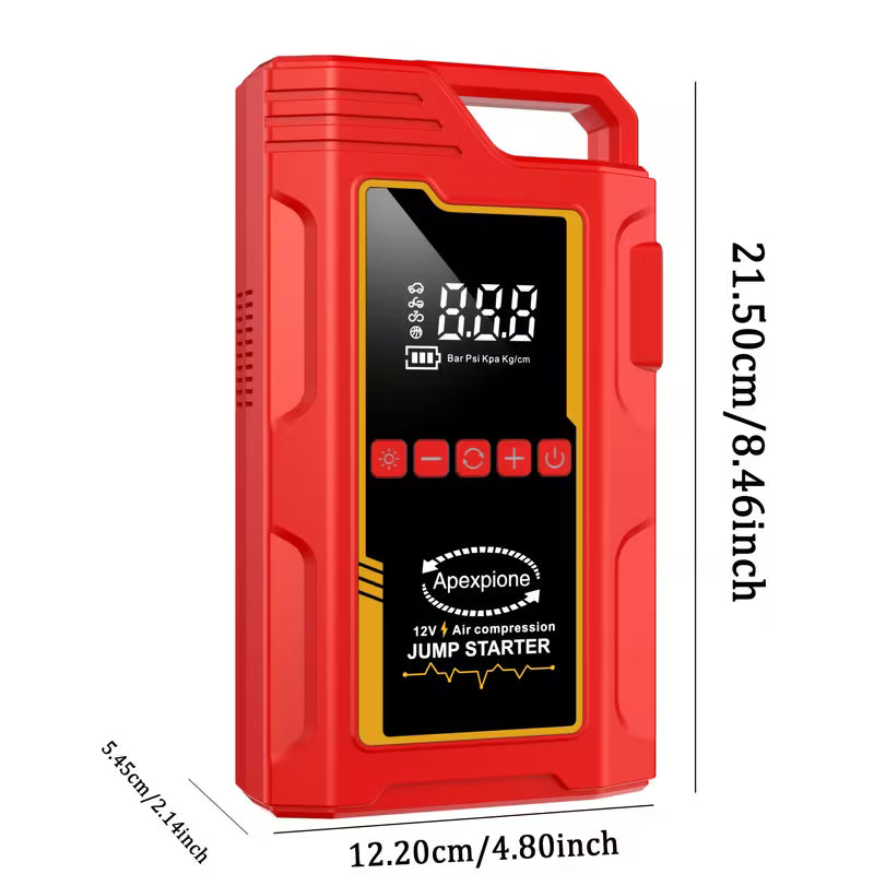 Red jump starter with digital display and branding on a white background