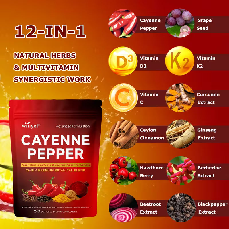 WINYEL Advanced Cayenne Pepper Softgels | D3+K2+Curcumin 240ct Peaceful Pleasures