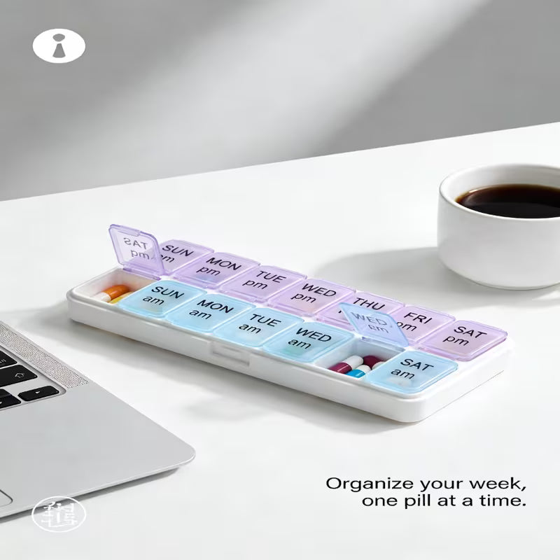 Weekly pill organizer on a desk with a cup of coffee and laptop.