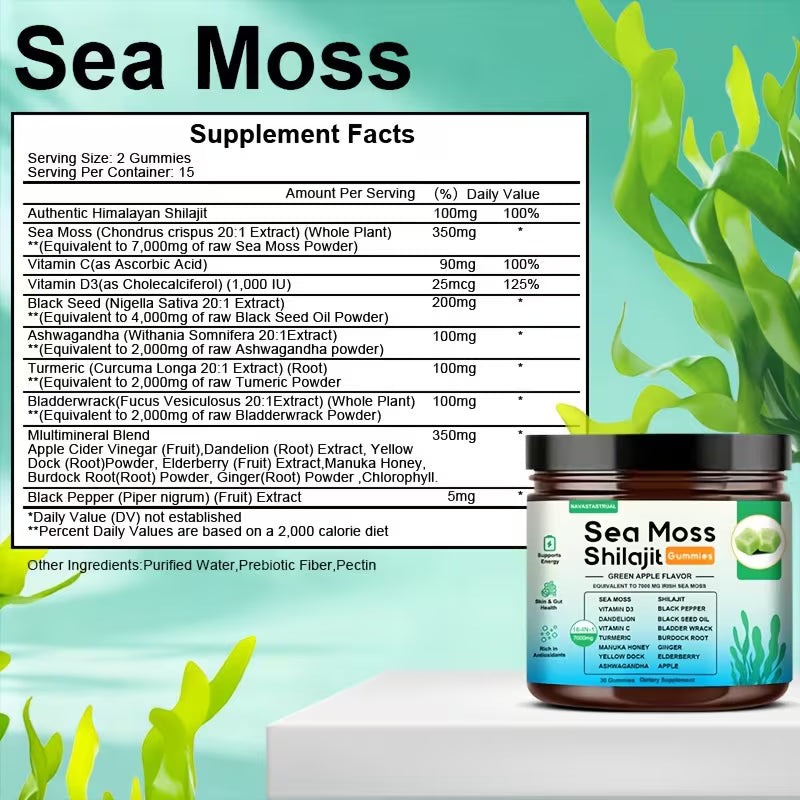 16-in-1 Sea Moss + Shilajit Gummies | 30ct | Green Apple Peaceful Pleasures