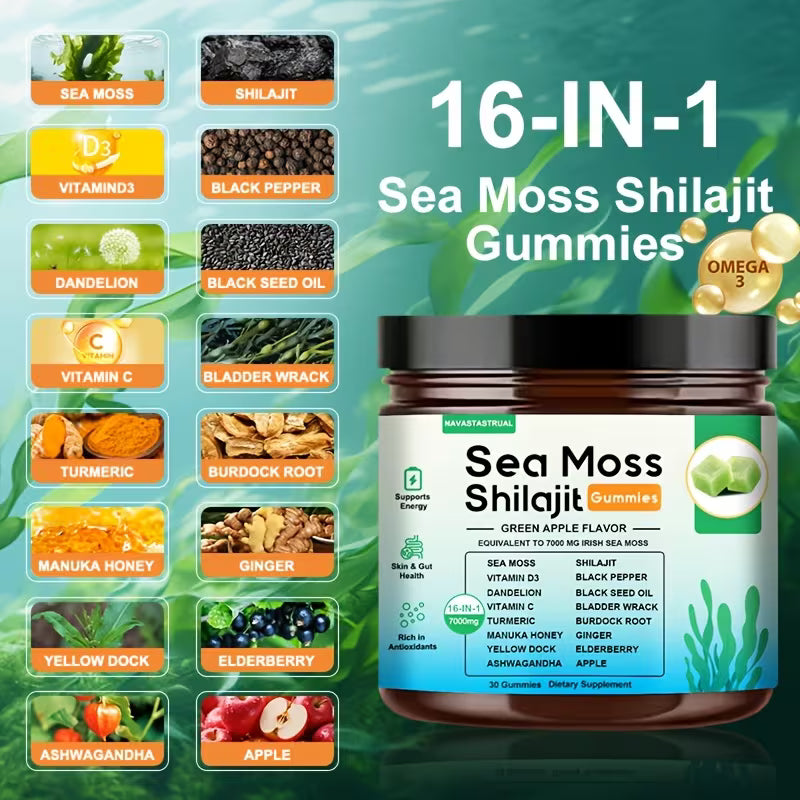 16-in-1 Sea Moss + Shilajit Gummies | 30ct | Green Apple Peaceful Pleasures